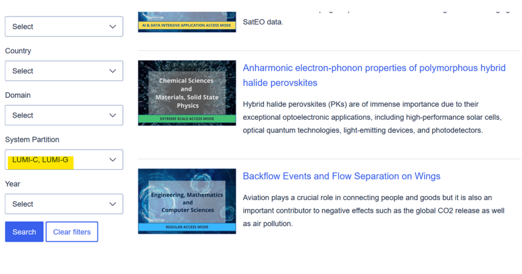 Screenshot from the EuroHPC JU's website: Awarded Projects section.