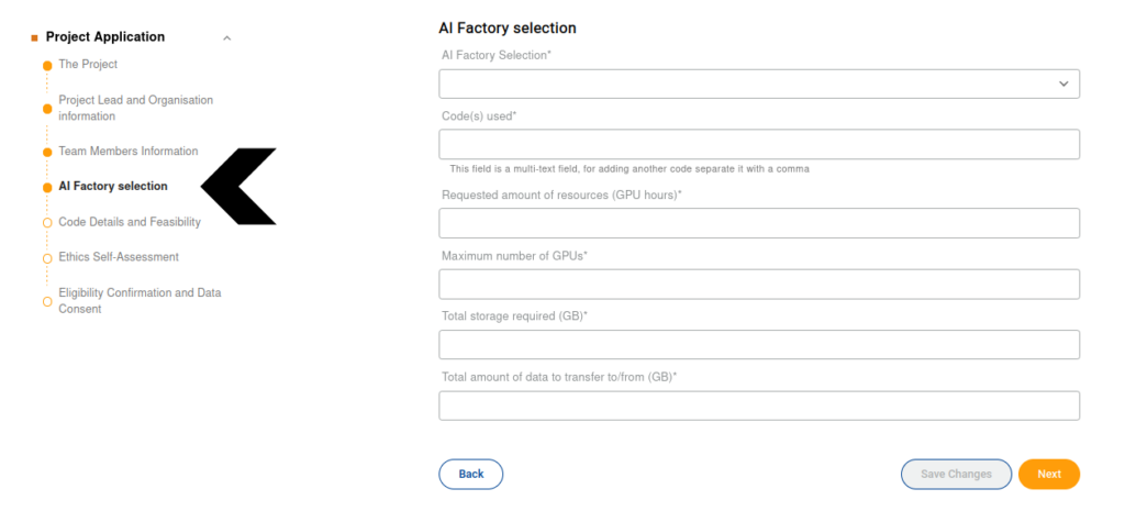 Screenshot of the "AI Factory selection" form