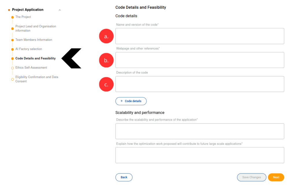 Screenshot of the "Code details and feasibility" form, fields a., b. and c. marked